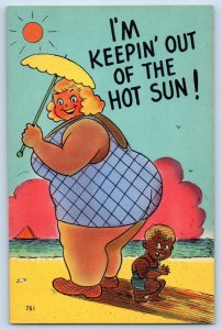 Humor Postcard Fat Woman Boy At The Back I'm Keepin Out Of Hot Sun c1930's