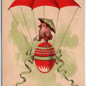 c1910s Cute Easter Chick Parachute Postcard Anthropomorphic Paragliding Egg A86