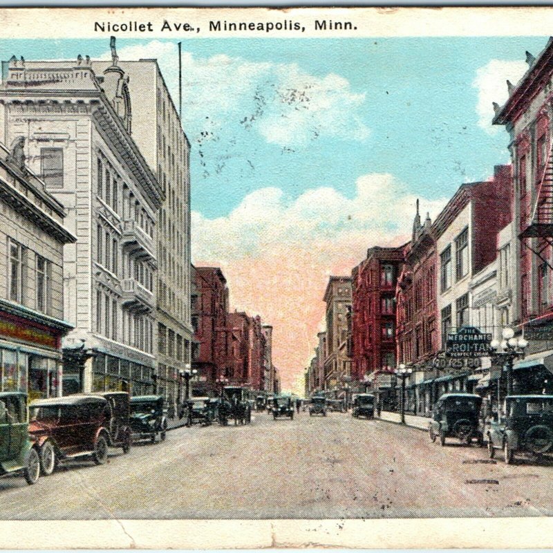 c1920s Minneapolis, MN  Nicollet Ave. Downtown Postcard Main Street Cars A41