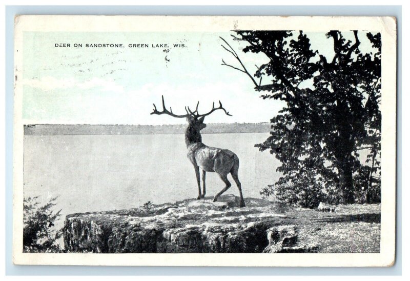 1931 Deer On Sandstone Green Lake Wisconsin WI, Chicago IL Vintage Postcard