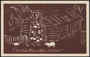 Smokie Mountain Cabin. Woodcut print postcard The Mountain Press, Gatlinburg, TN