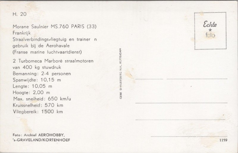 Morane Saulnier MS.760 Paris Aircraft Vintage RPPC C113