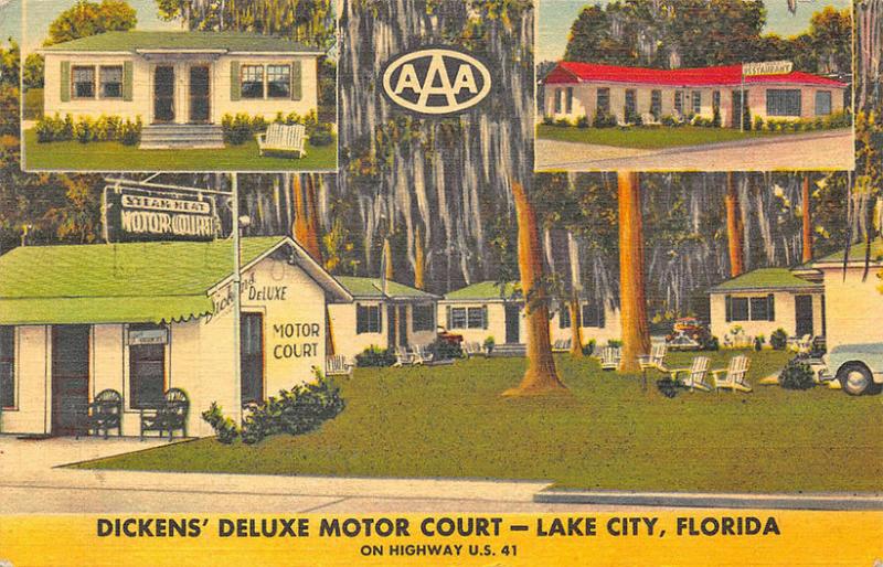 Lake City FL Dickens' Deluxe Motor Court Motel Linen Postcard