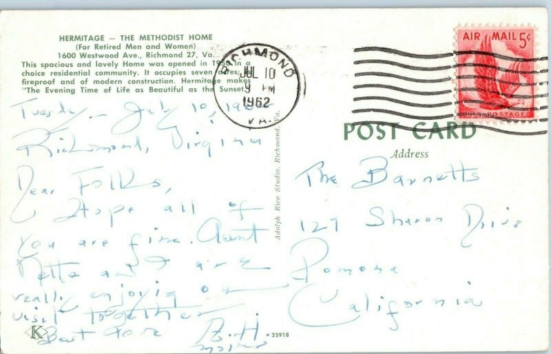 Aerial View Postcard Hermitage The Methodist Home Richmond VA Postmarked 1962