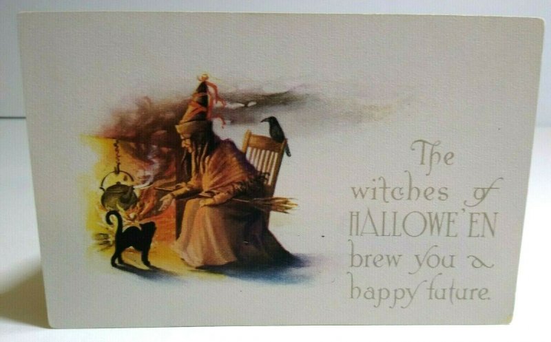 Vintage Halloween Postcard Witch Crow Cauldron Black Cat Gibson Unused Original