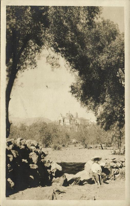 mexico, Young Boy with view on Unknown Cathedral (?) (1930) RPPC Postcard