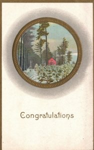 Vintage Postcard Congratulations Winter Landscape Card Pine Trees Greetings