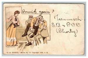 Vintage 1905 Comic Postcard Train Conductors Bring Drunk Man Home to Wife FUNNY