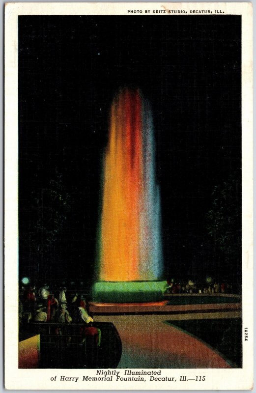 Decatur Illinois, 1940 Nightly Illuminated, Harry Memorial Fountain, Postcard