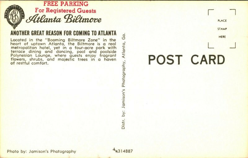Chrome Postcard Biltmore Hotel Atlanta Georgia GA Advertising UNP  S21
