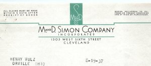 1937 M AND D SIMON CO TYBEST SCARF SINCERE SHIRT CLEVELAND BILLHEAD INVOICE Z582