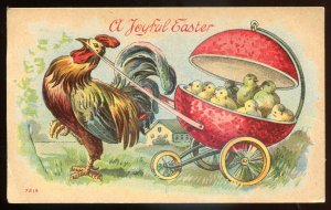 dc2021 - EASTER Postcard 1912 Rooster Pulling Cart with Chicks by Winsch