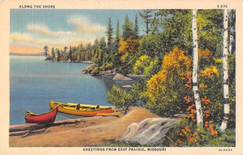 East Prairie Missouri Greetings Canoes on Shore Vintage Postcard JD933971