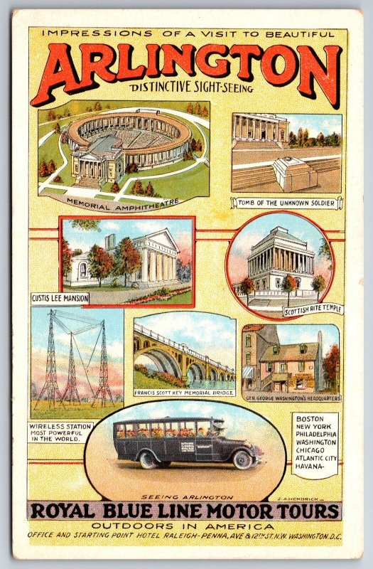 Arlington VA~Royal Blue Line Motor Tours Sightseeing Bus~Tomb~Wireless~c1920