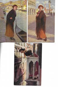 Venetian ladies Lot of three (3) old vintage Italian, artist drawn, postcards