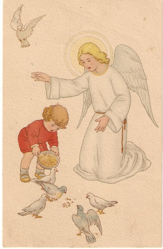 Guardian Angel with boy feeding doves Lovely vintage Spanish religious postcar