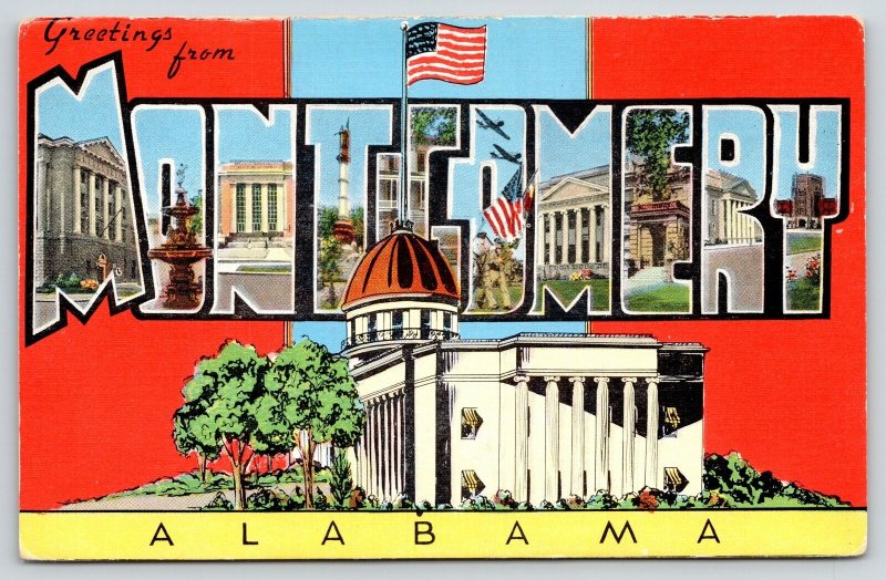 Montgomery Alabama~Large Letter Linen Postcard~Planes Over Cadet Parade~1940s