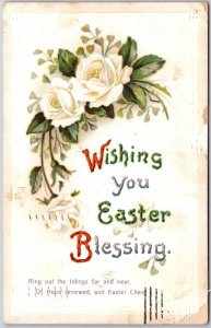 Wishing You Easter Blessing, 1912 White Roses with Green Leaves Vintage Postcard