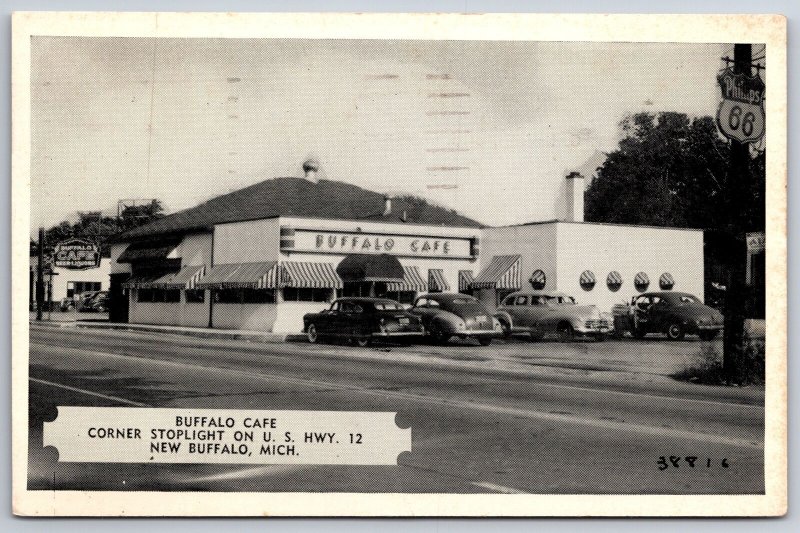 New Buffalo Michigan~Lavedas Buffalo Café~Phillips 66~1940s Cars~B&W Postcard