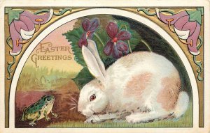 Embossed Easter Postcard Cute Rabbit and Frog