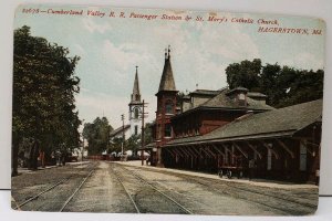 Hagerstown Md Cumberland Valley RR Passenger Station & Church 1909 Postcard E1