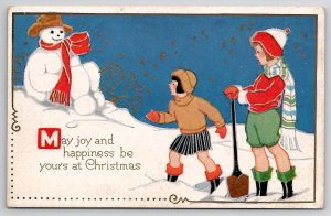 Christmas Greetings Art Deco Children Snowman Starry Night Sky Postcard Z24