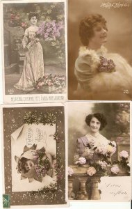  Pretty ladies, with flowers Lot of four (4) Old vintage French romantic photo