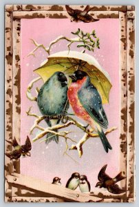 Fantasy~Lovebirds Under Umbrella~Mistletoe~Birch Frame~c1910 Vintage Postcard