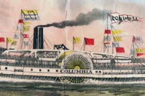 1880s Large Poster Scrap Side Paddle Steamer Columbia Flags Sea Fab! #7F