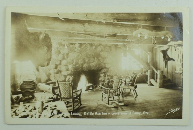 C.1900-10 RPPC Lobby Battle Axe Inn Government Camp, OR Vintage Postcard F76