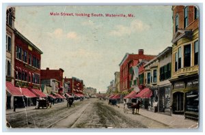 Waterville Maine ME Postcard Main Street Business Section Carriages 1910 Antique