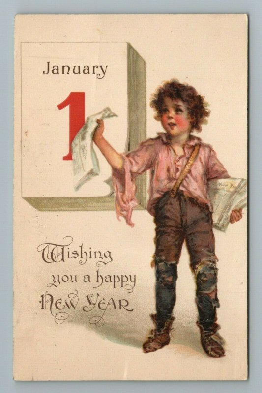 1907 Raphael Tuck Happy New Newsy Paperboy Newspaper Year Boy Postcard 