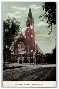 c1910's St. Mary's Church Scene Street Dirt Road Rockford Illinois IL Postcard