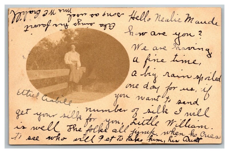 Vintage 1905 RPPC Postcard - Woman Sitting on a Fence in the Country