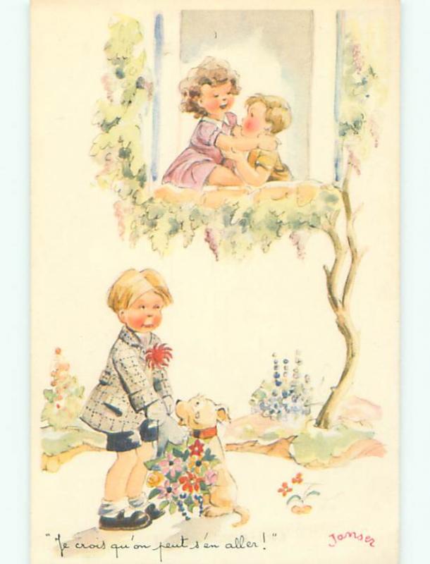 Pre-Linen foreign signed FRENCH BOY AND DOG LOOK AT GIRL WITH OTHER BOY k6733