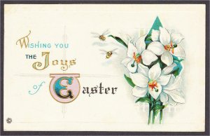 Easter Postcard Bees and White Flowers with Ornate Initial E 1919