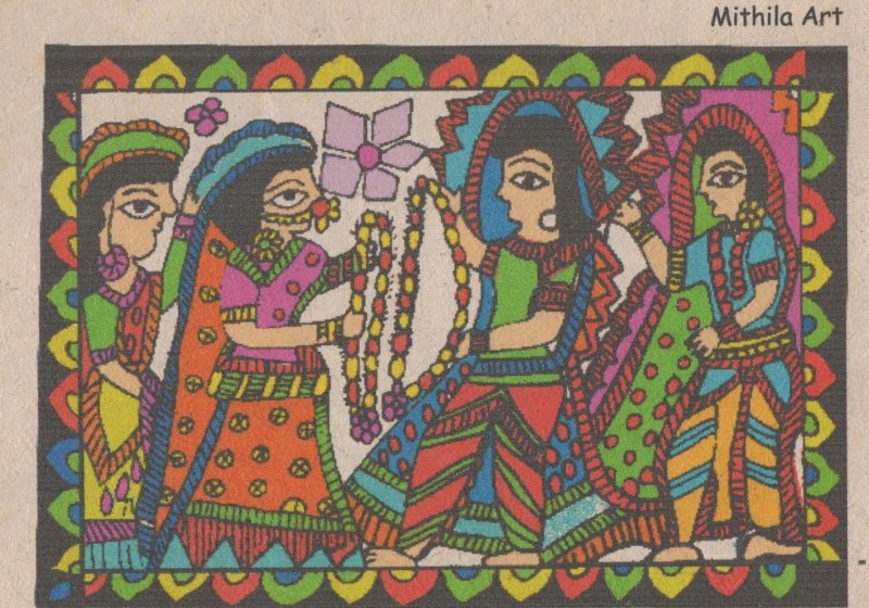 Mithila Art Indian Madhubani Nepalese Paper Jewellery Painting Postcard