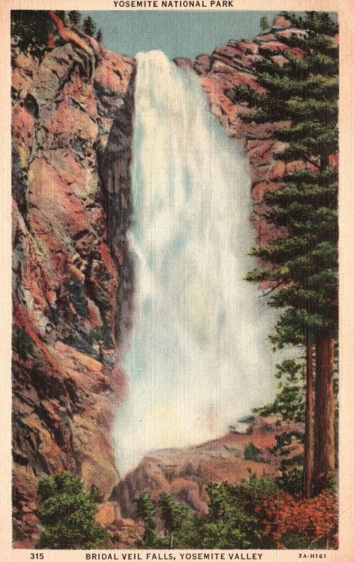 Vintage Postcard 1937 Yosemite National Park Bridal Veil Falls California Valley