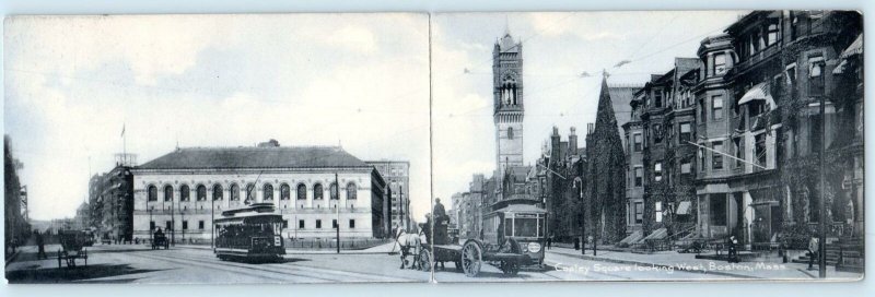 Double Postcard BOSTON, MA ~ Street Scene COPLEY SQUARE Trolley 1910s Rotograph