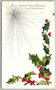Good Wishes For Christmas c1910 Embossed Postcard Shining Silver Star Holly