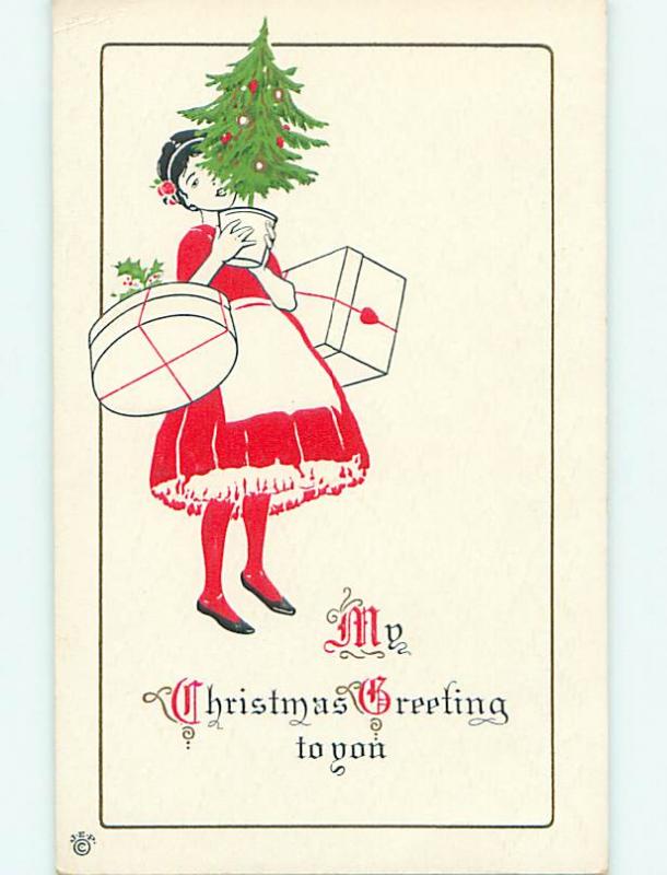 Unused Divided-Back christmas GIRL CARRIES PRESENTS & SMALL XMAS TREE r4457
