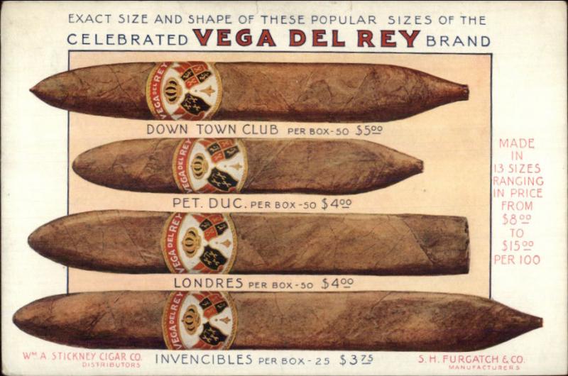 Vega Del Rey Cigars Wm A Stickney Dist Kinloch Continental Adv c1915 PC gfz