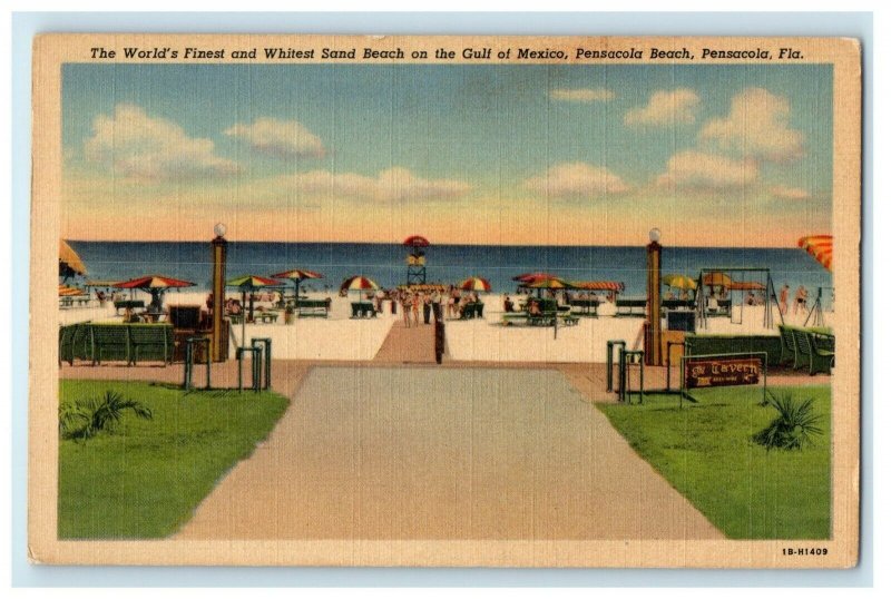 1942 Pensacola FL, Whitest Sand Beach Gulf Of Mexico Pensacola Beach Postcard