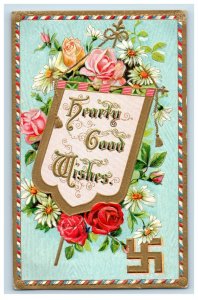 c.1910 Embossed Flowers Swastika Good Wishes Vintage Postcard F51
