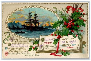 1913 Christmas Book Holly Berries Mistletoe Ship Boat Gel Boston MA Postcard 