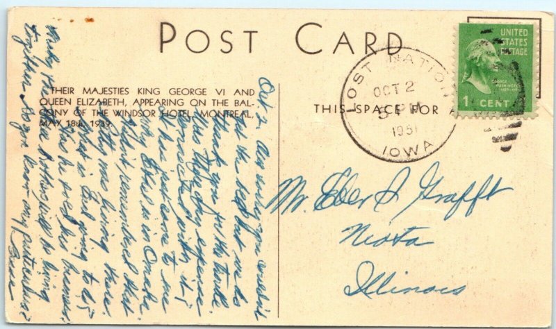 1939 Montreal, Canada King George VI Queen Elizabeth Windsor Hotel Postcard A40