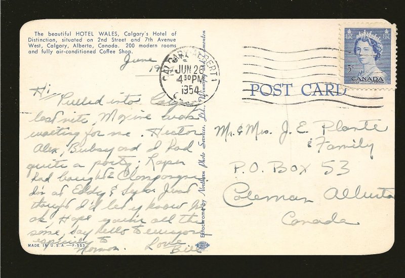 Postmark 1954 Calgary Alberta Hotel Wales Calgary Color Postcard