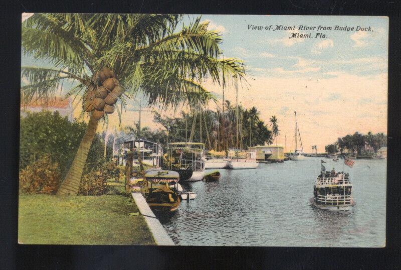 MIAMI FLORIDA MIAMI RIVER BUDGE DOCK VINTAGE BOATS ANTIQUE POSTCARD FLA.