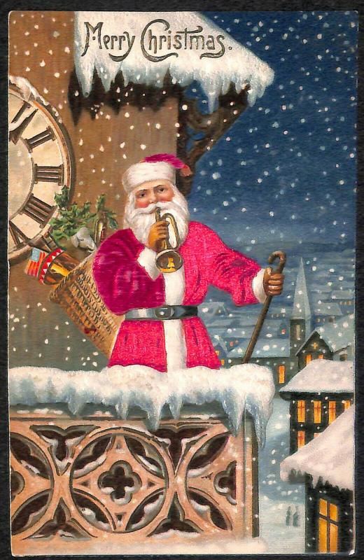 Merry Christmas Santa Claus Silk Suit Blowing His Horn Basket of Toys Postcard