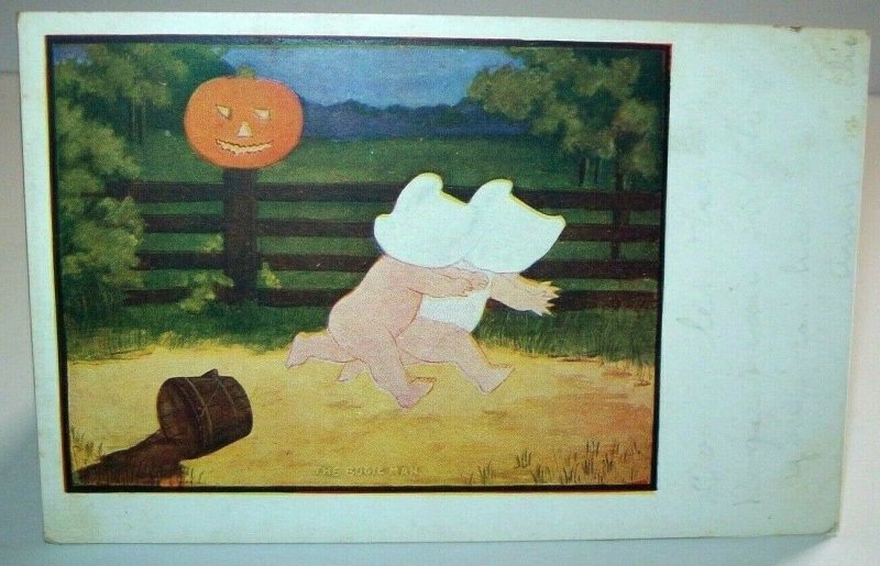 Vintage Halloween Postcard Children in Bonnets Spooked Bogie Man Austen Antique 